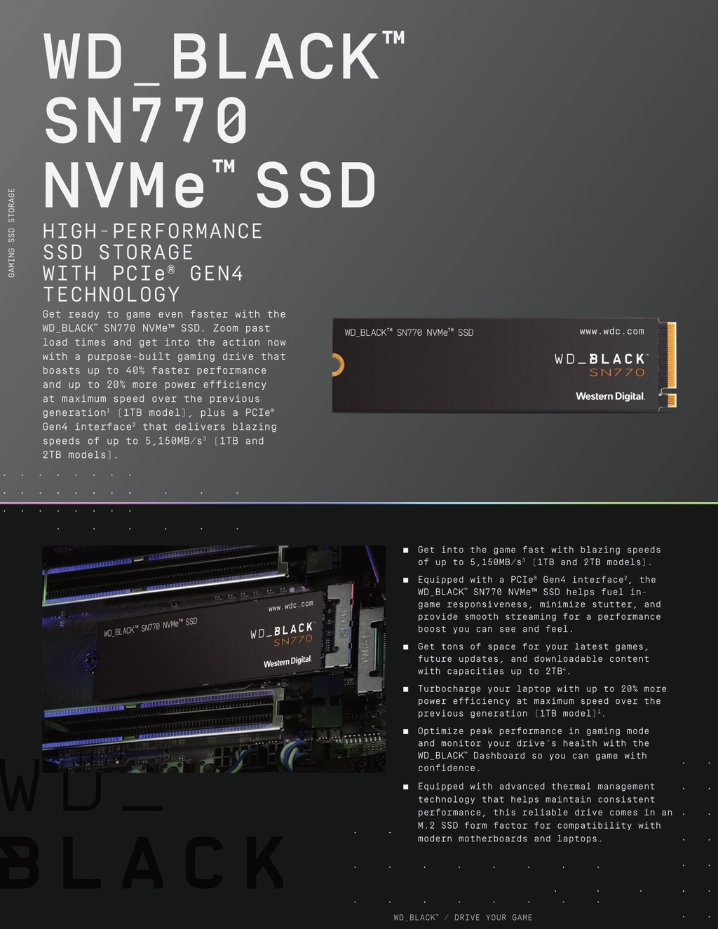 Western Digital WD BLACK SN770 NVMe SSD 2TB 1TB 500GB 250GB Internal Gaming  Solid State Drive Gen4 PCIe M.2 2280 up to 5150 MB/s