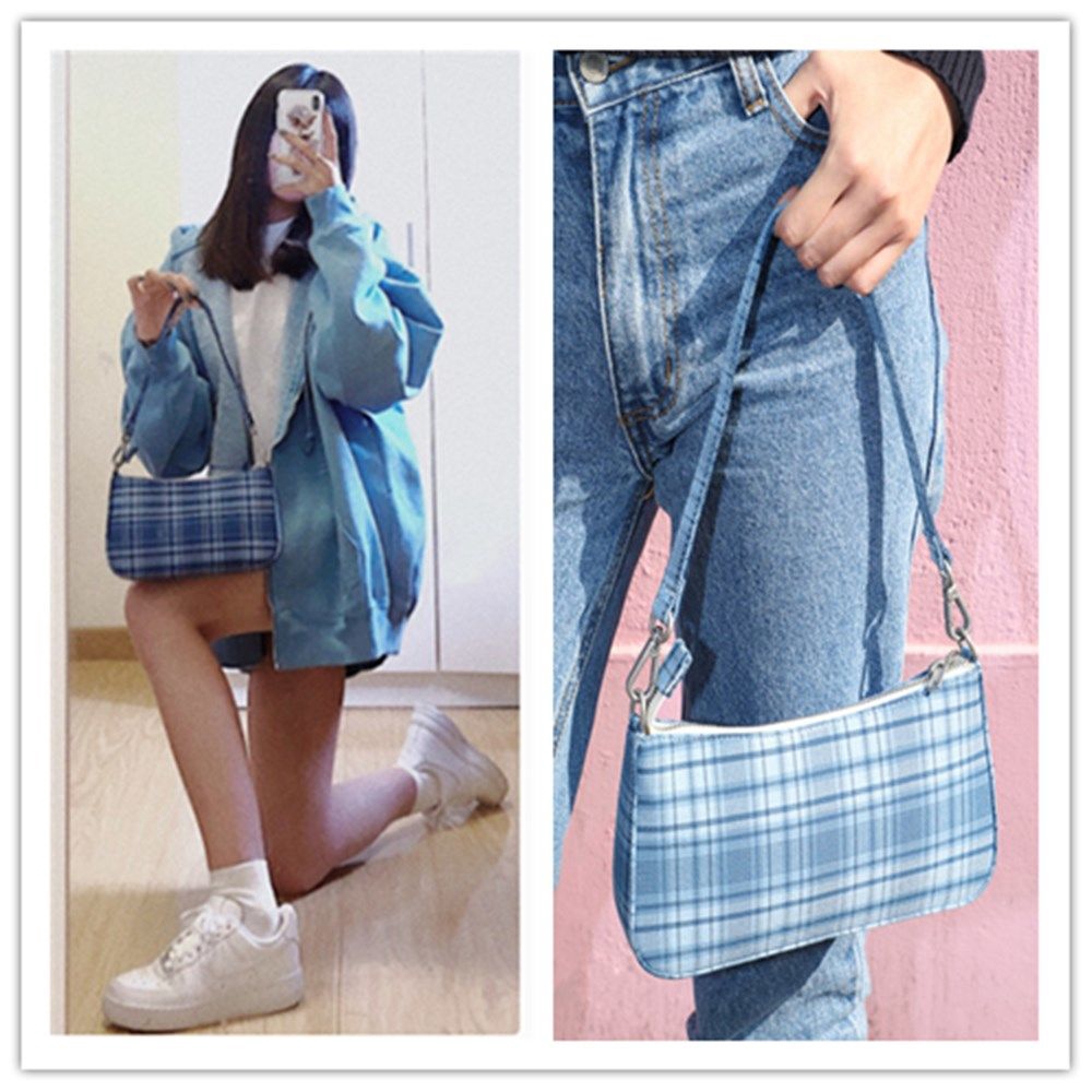 blue tartan bag