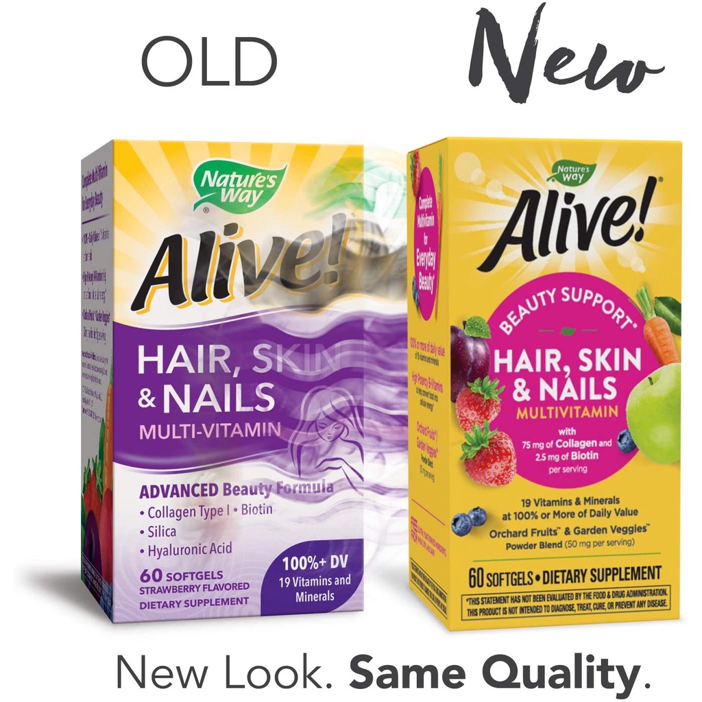 Nature's Way Alive! Hair, Skin & Nails Multivitamin with Biotin (5,000mcg  per serving and Collagen (75mg per serving), Fruit & Veggie Blend (50mg per  serving), 60 Softgels | Shopee Malaysia