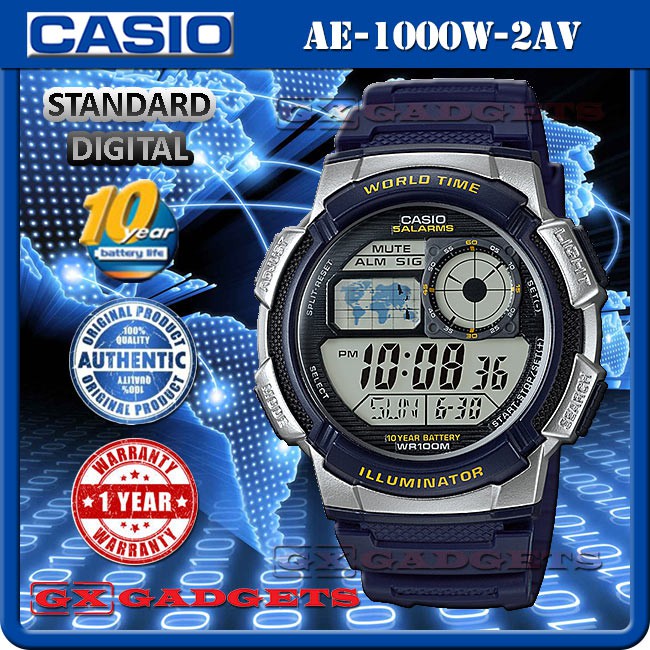 CASIO AE1000W2AV STANDARD DIGITAL WATCH WORLD MAP TIME 10YEAR BATTERY