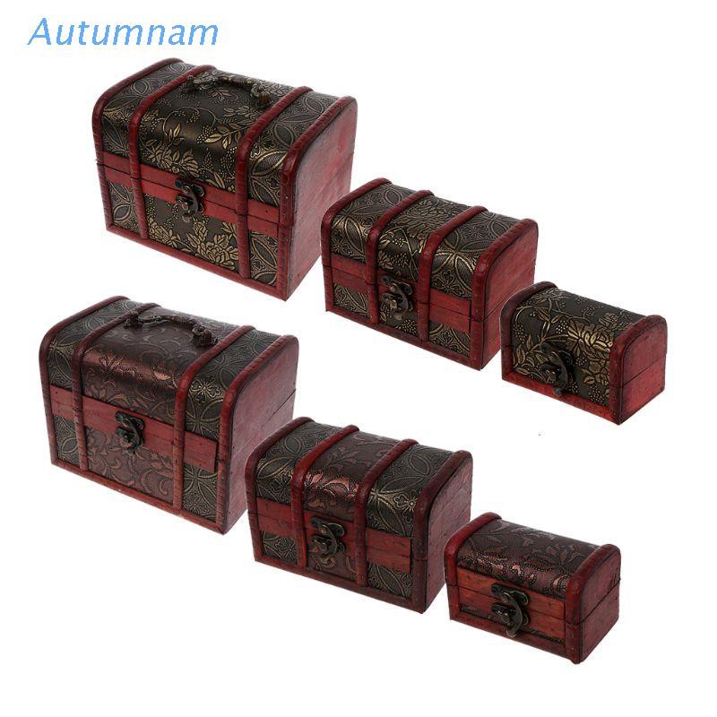 AUTU 3Pcs Different Sizes Vintage Wooden Storage Pirate Treasure Chest Jewelry Box