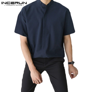 INCERUN Men's Summer Simple Style Casual Short Sleeve Solid Color Loose Shirts