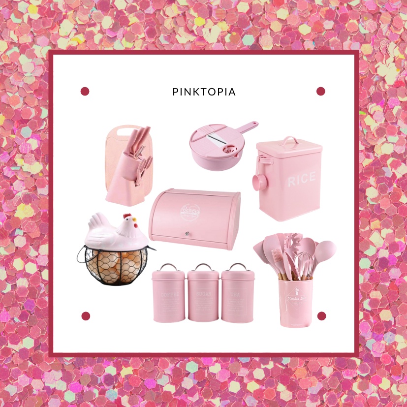 [Ready Stock] Pinktopia Pink Kitchen Set 7 Combo Utensil Set Knife Set Bakery Canister Tea Canister Chopper