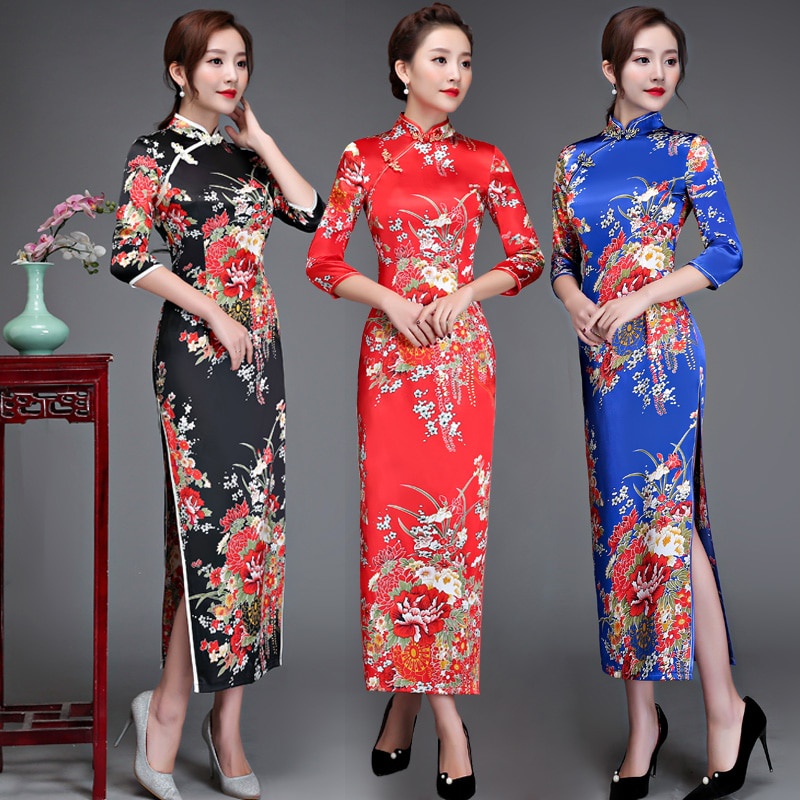 S-6XL Plus Size Elegant Women Qipao ,Slim 3/4 Sleeve Long Dress New Traditional Chinese Mandarin Collar Cheongsam