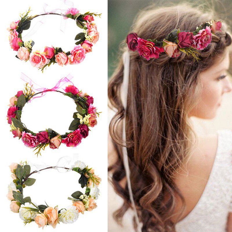 Wedding Flower Garland Wreath Ribbon Bow Knot Hair Bands For Women
