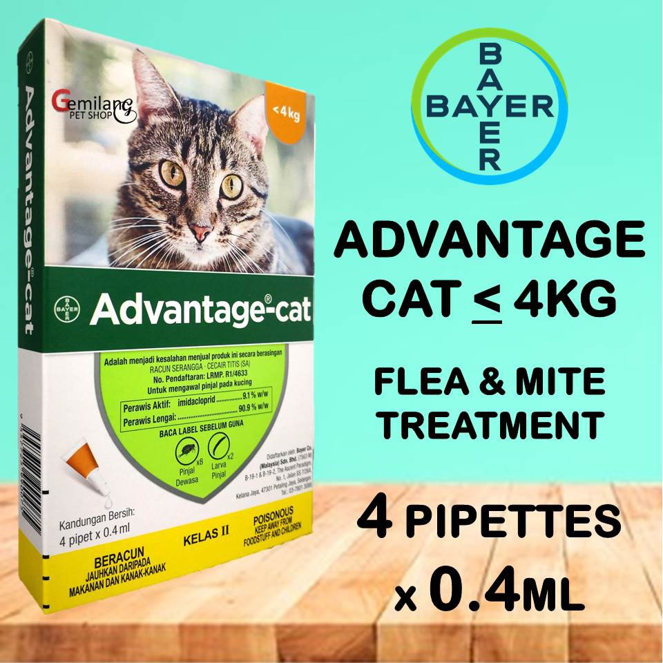 Bayer Advantage Cat 0 - 4kg 0.4ml X 4 pipettes - Cat Flea, Lice 