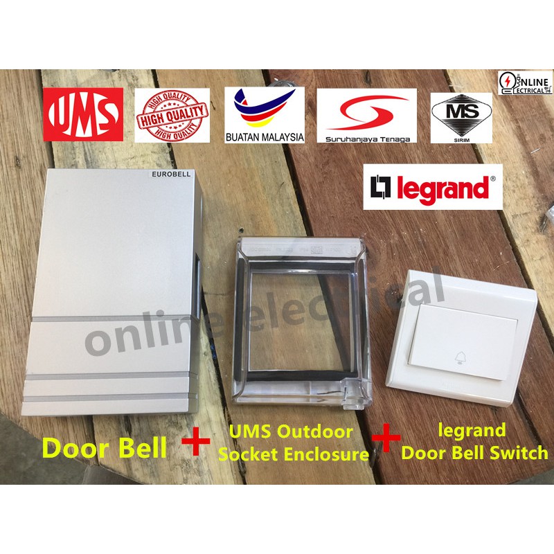 (Silver) Door Bell + legrand Door Bell Switch + UMS Outdoor Socket