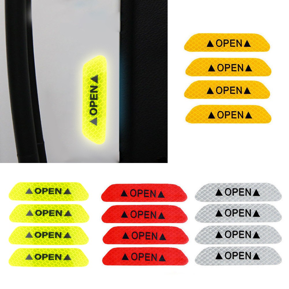 4pcs Car Door Open Sticker Reflective Warning Strip Sticker Safety