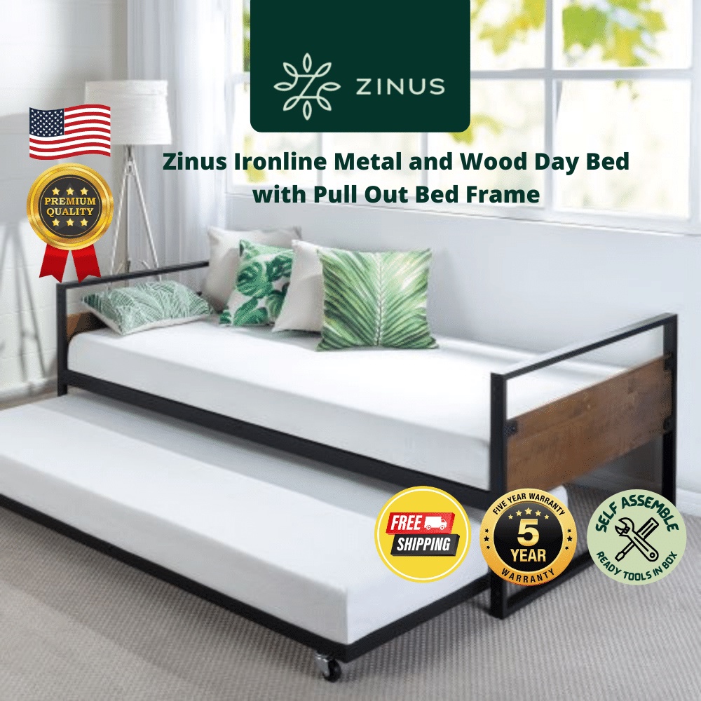 Zinus Ironline Metal And Wood Day Bed With Pull Out Bed Frame | Shopee ...