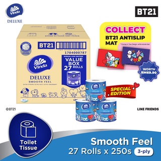 Image of Vinda Deluxe Smooth Feel Toilet Tissue BT21 Edition (27 Rolls) [Free BT21 Anti Slip Mat Premium]