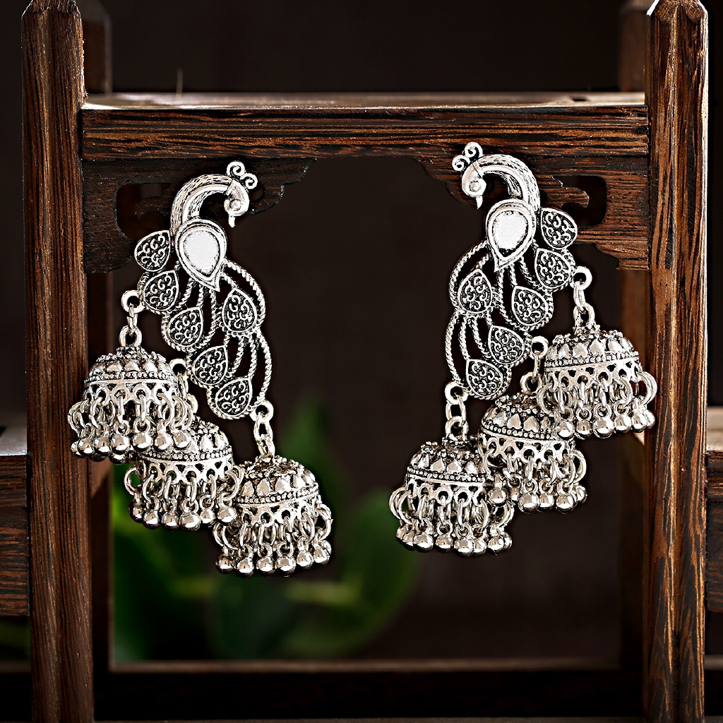 Retro Silver Peacock Leaves Bell Tassel Indian Jhumka Jhumki Earring For Women