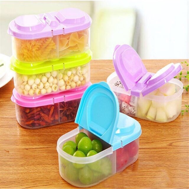 Double sided compartment food storage box tupperware bekas makan snacks ...