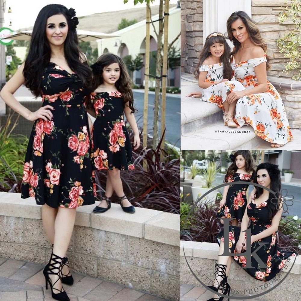 Summer Family Matching Clothes Floral Long Dresses Cotton Mother Daughter Dresses Vintage Retro Girls Kids Ladies Sundress Boho Tunic Maxi Dress Casual Birthday Princess Party Dress