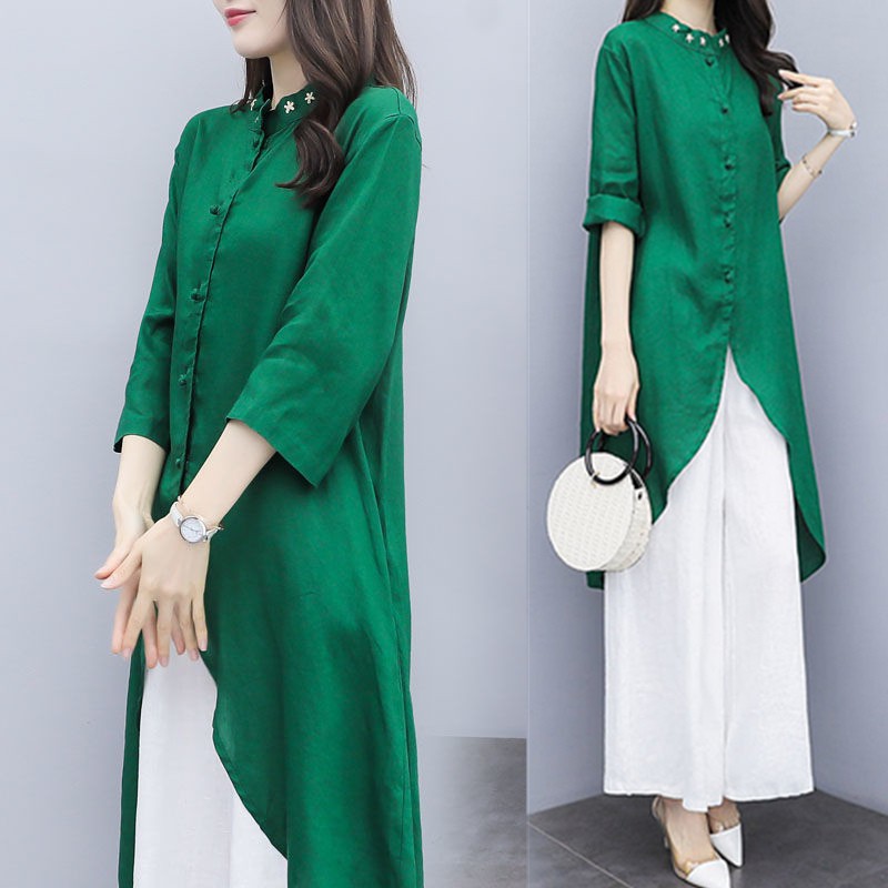 Muslimah 3 4 Sleeve Loose Long Blouse  Baju  Casual Button 