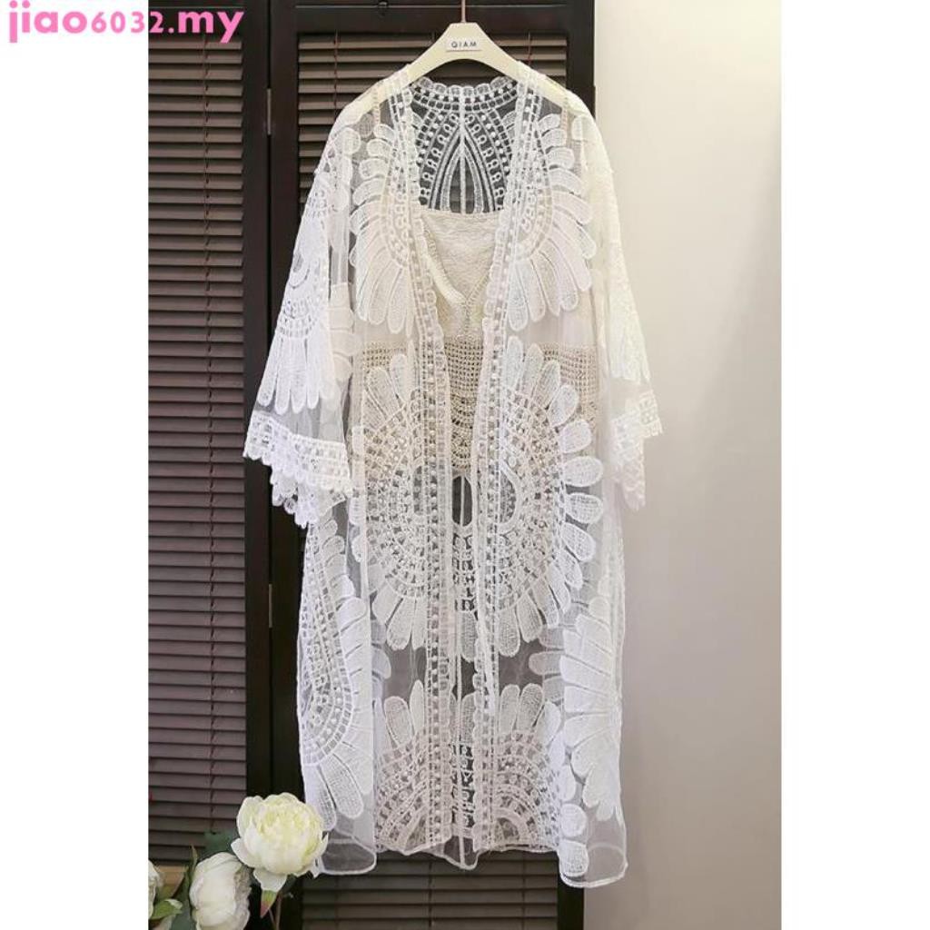 ♀jiao6032Star Floral Embroidery Long Kimono Cover Ups White Lace Cardigan Women Holiday Beach Style Long Shirt ♀jiao6032Star Floral Embroidery Long Kimono Cover Ups White Lace Cardigan Women Holiday Beach Style Long Shirt