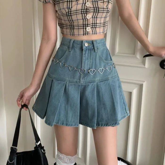 Women Denim Skirt Korean Summer High Waist Pleated Skirts A-line Mini Skirt  Retro Jean Skirt Grunge Vintage Aesthetic Skirt | Shopee Malaysia