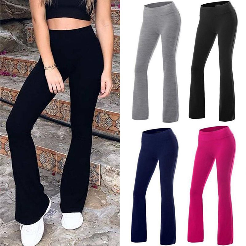 Women Solid High Waist Flare Wide Leg Chic Trousers Bell Bottom Yoga