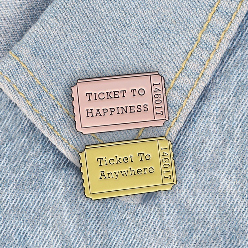 Happiness Ticket To Anywhere Enamel Pins Lucky Charm Badges Brooches Denim Shirt Lapel Pin Punk Cool Jewelry Friend Gift