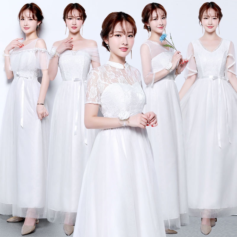 New Bridesmaid Dress Korean Wedding Long Dress White Slim Large Size Dress【125cm】