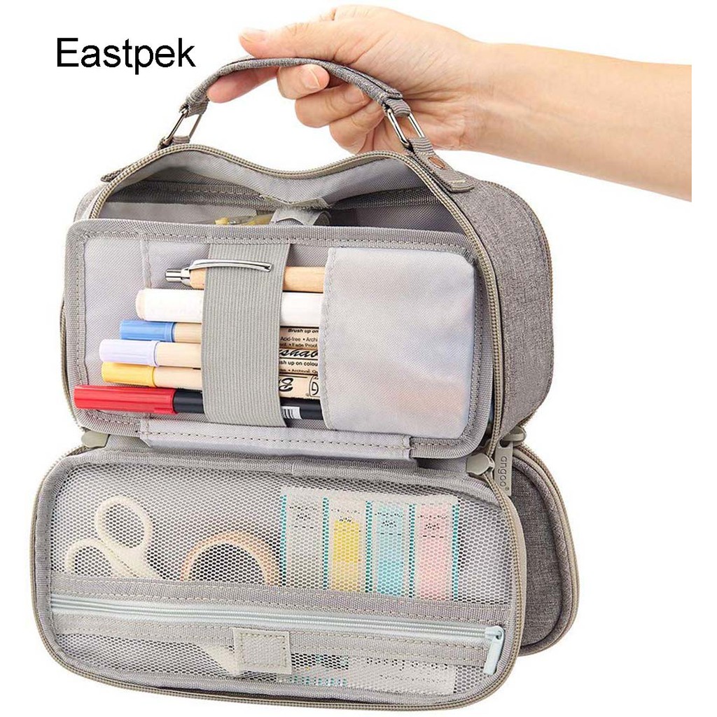 Eastpek Big Capacity Pencil Case Stationery Storage Large Handheld Pen Pouch Bag Multiple Compartment Double Zipper Grey Shopee Malaysia