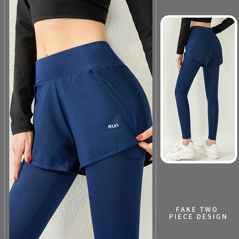 New style high waist and belly closing fake two piece fitness pants for women to wear fast dry running sports elastic tight Yoga Pants