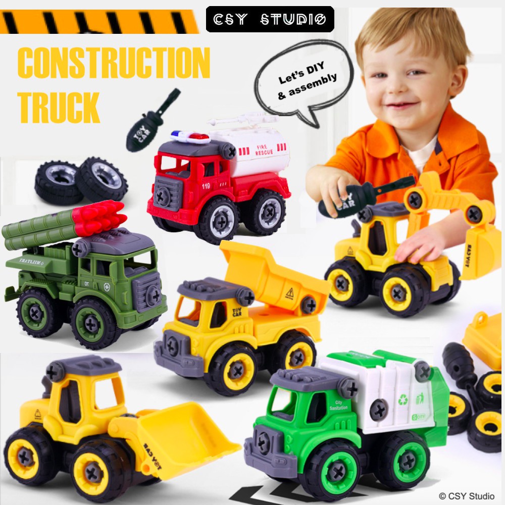 Construction Toys Vehicle 4pcs Excavator Crane Fire Truck Bomba Army Truck Engineering Recycle Toy Self Assembly DIY