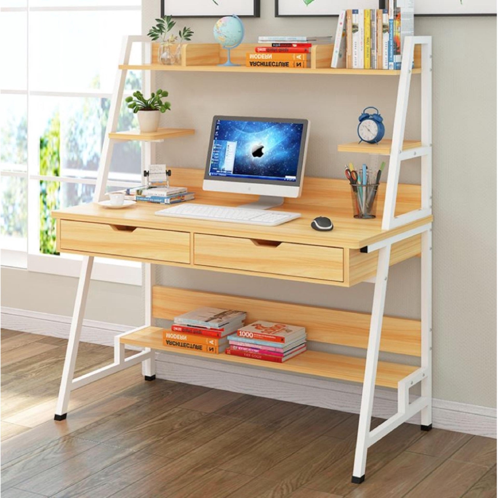 Modern Study Table with Hidden Book Shelves, Double Drawers & BuiltUp