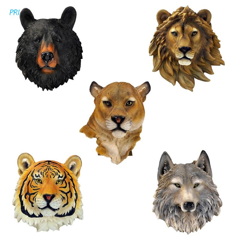 pri 3D Animal Head Wall Hanging Resin Decoration Wolf Tiger Leopard Lion Bear Mural Wildlife Sculpture Figurines Sculptures