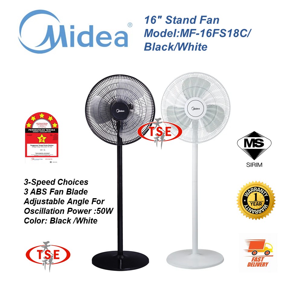 Midea Mf 16fs18c 16 Stand Fan 2 In 1 Adjustable Black Colour White Colour Abs Blade Shopee Malaysia