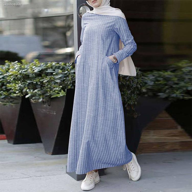 Stock Maxi Dress Muslimah Wanita Poket Lengan Panjang Bergaris O Neck Muslim Dress Viral Loose Labuh Ready Stock Shopee Malaysia