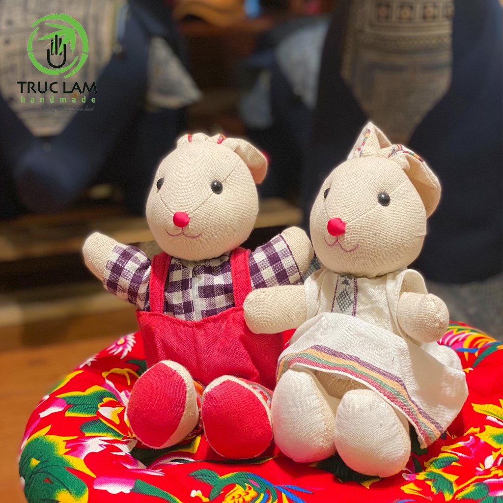 Combo Couple of Stuffed Rabbits Wearing Thai Mai Chau Brocade Handwoven Fabric Outfits Large Size – Truc Lam Handmade