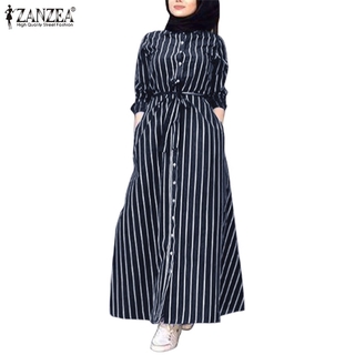 ZANZEA Women Long Sleeve Lapel Collar Belted Striped Muslim Long Dress