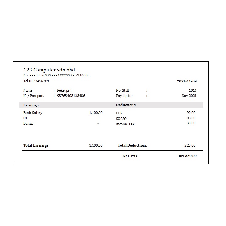 Simple Template Slip Gaji Payslip Auto Calculation Print Preview