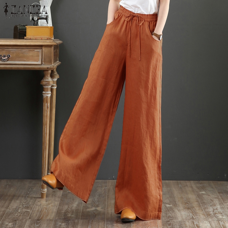 ZANZEA Women Casual Wide Legs Elastic Belted Solid Color Long Pants #3