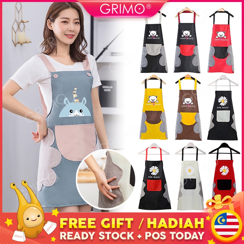 READY STOCKGRIMO Ququ Hanging Apron Kitchen Dapur Water Proof Cooking Baking Chef Aprons Pocket Kitchenware hl11616