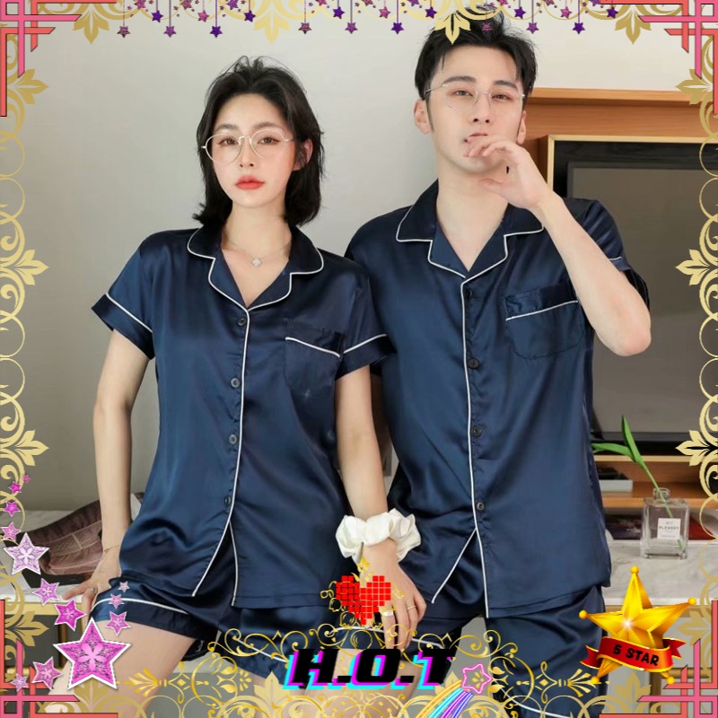 ??.?.??Silk Satin Pajamas Set Unisex Short Sleeve Women Sleepwear Nightwear BajuTidur wanita perempuan Thin Pajamas Imitation Ice Silk Set Short Sleeve Shorts