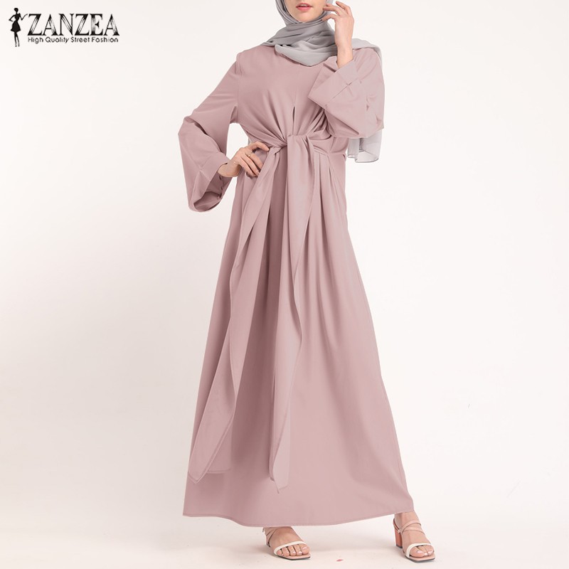 ZANZEA Women Long Sleeve Irregular Belted Swing Muslim Long Dress #5