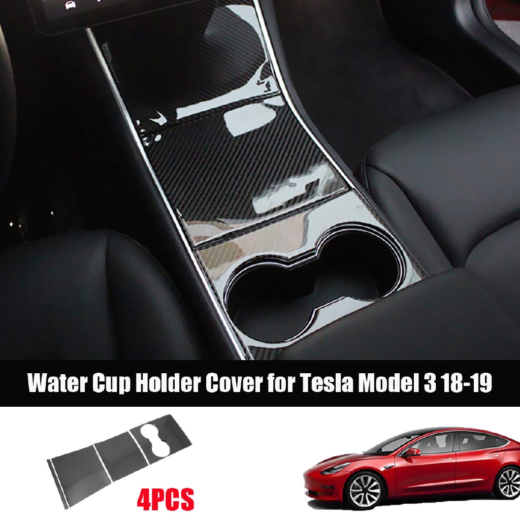 Real Carbon Fiber Interior Water Cup Holder Cover Trim For Tesla Model 3 2018 19