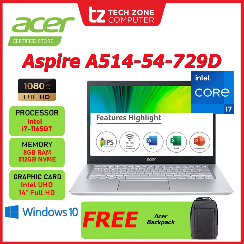 ACER ASPIRE 5 (i7-1165G7) A514-54-729D i7-1165G7/ 8GB D4 /MS Office H&S  /14'' FHD /512GB NVME /Win 10 / Safari Gold | Shopee Malaysia