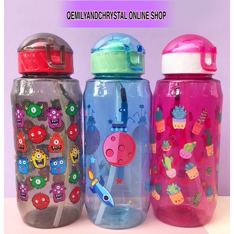 Kids Straw Drinking Water Bottle 600ml With Strap   Botol Air Budak 