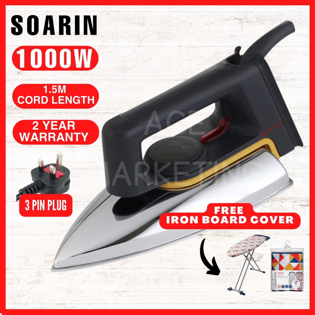 SOARIN 1000W DRY IRON STEAM SETERIKA BAJU PAPAN SATERIKA WAP CORDLESS IRON PORTABLE IRON MURAH