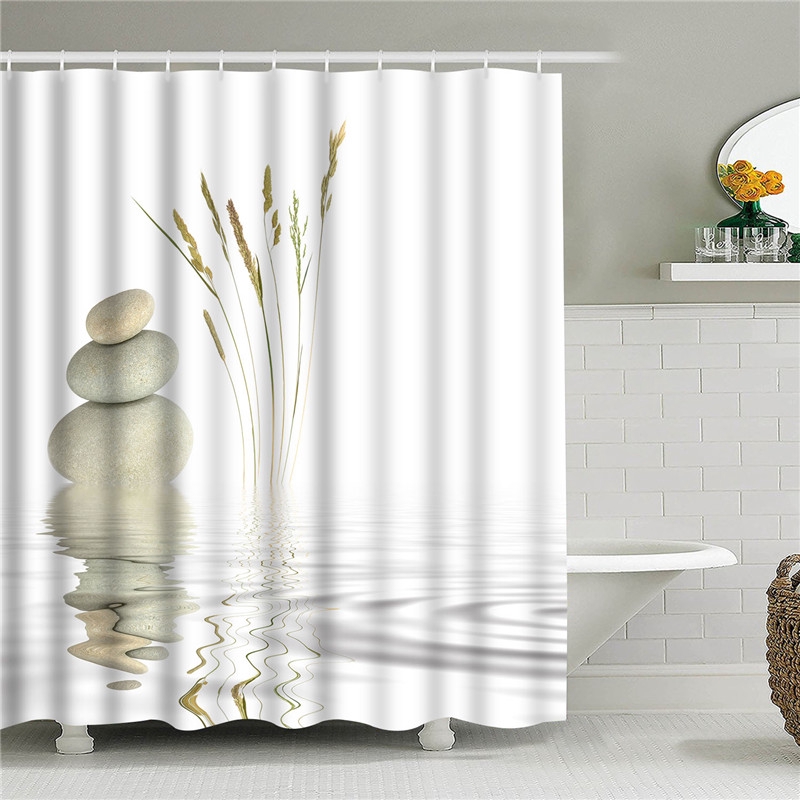 Spa Zen Stone Flower Shower Curtain Liner Waterproof Fabric Bathroom 12Hooks Mat