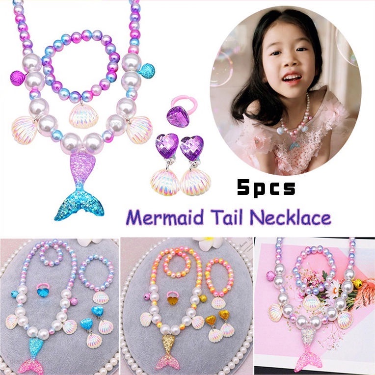 5pcs/set Mermaid Pearl Shell Necklace Pendant Earrings Rings Set Girl Princess Birthday Party Decorations Little Mermaid