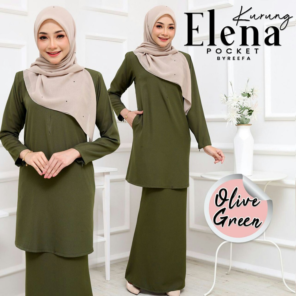 Baju Kurung Elena Pocket Warna Olive Green Plus Size S 