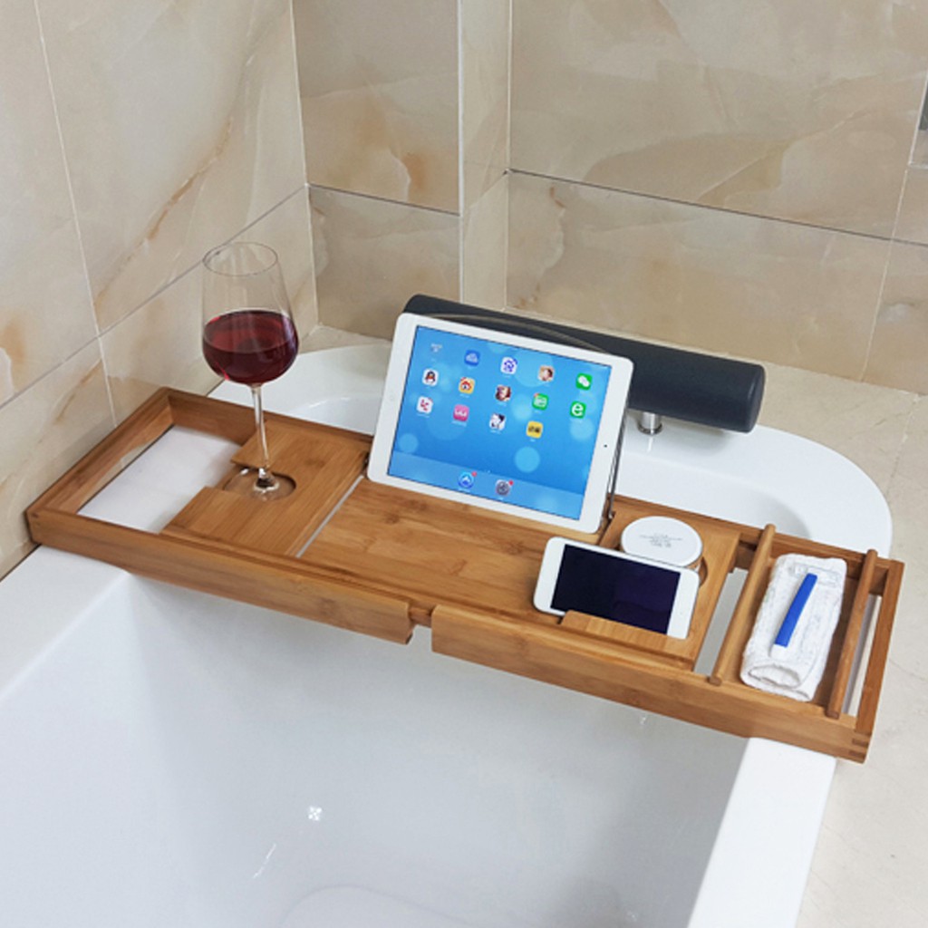 HOMCOM Extendable Bamboo Bathtub Shelf Rack Bath Caddy Tray Bathroom Storage with Book iPad Stand Wine Glass Holder 