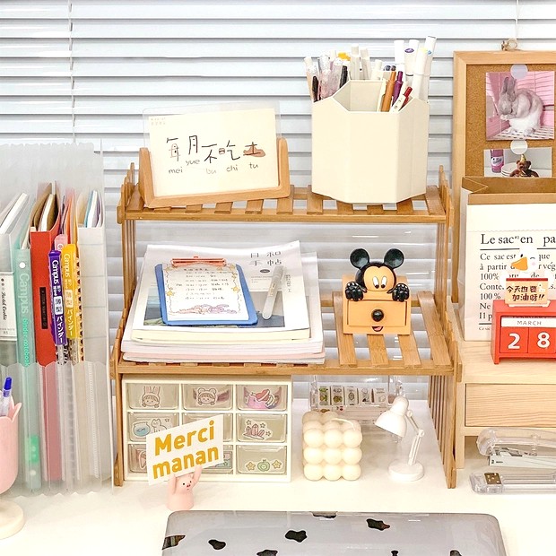 【Ready Stock】 Ins Bamboo Desktop Storage Book Shelf Office Table Rack Desk Organizer Stationery Rack 桌面收纳架