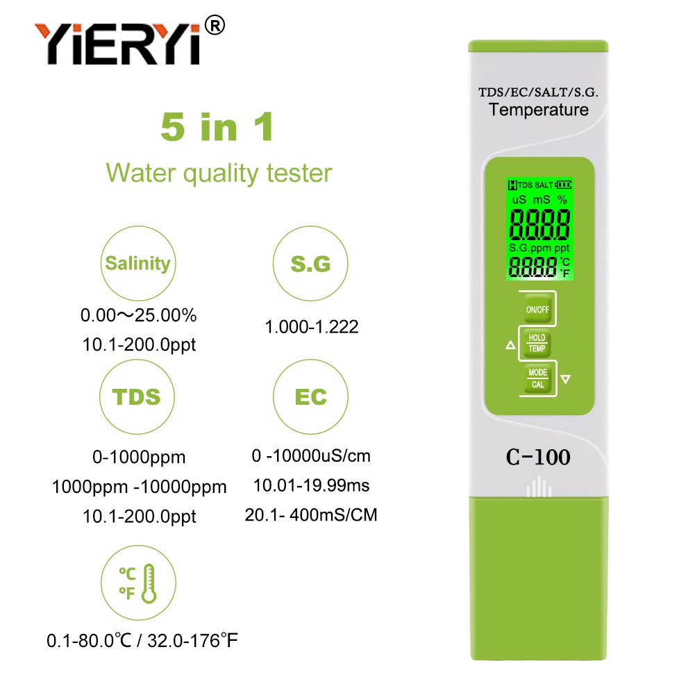 5 in 1 salinity / TDS / EC / seawater specific gravity four in one test pen multifunctional water quality detector C-100