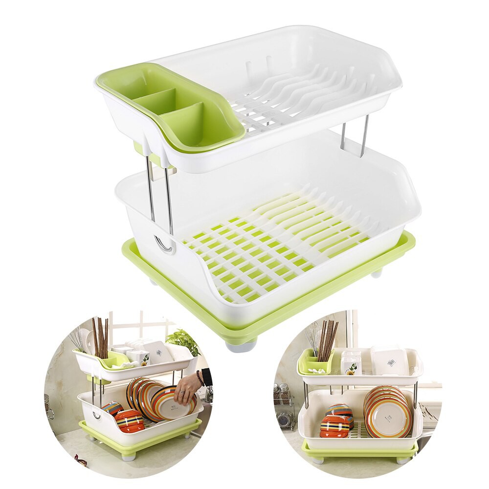 MultiPurpose 2 Layer Cupboard Plastic Kitchen Drain Dish Rack With Lid