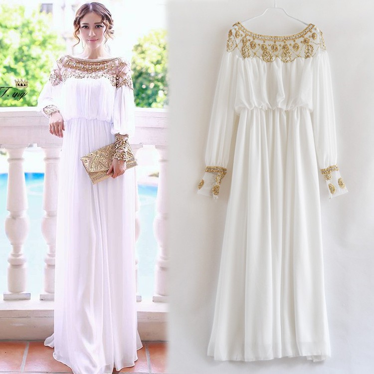 Pre Order White pink beads gold long sleeve chiffon elegant greek ...