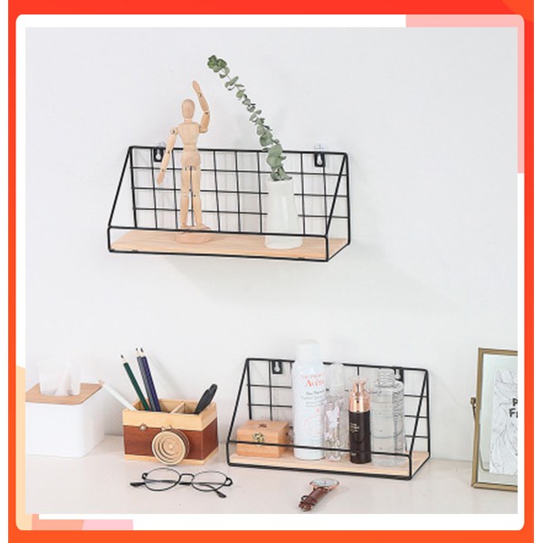 [M'sia] Ready Stock Grid Wall Shelf Wall Mounted Hanging Shelf Storage Holder Rack Wooden Iron Bedroom Wall Art shelve